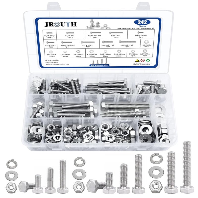 JROUTH 242PCS Hex Head Nuts and Bolts Assortment Kit,304 Stainless Steel Heavy Duty Bolts and Nuts Kit-1/4-20, 5/16-18,3/8-16, 10 Common Sizes Assorted Nuts and Bolts Flat & Lock Washers with Case - Image 1